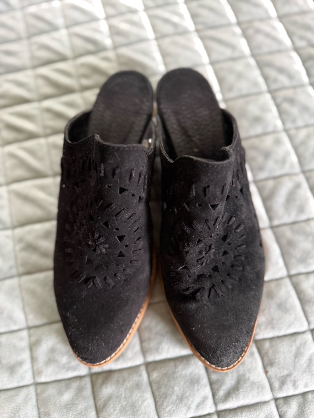 Musse & Cloud Black Suede Slip-On Mules with Cutout Medallion